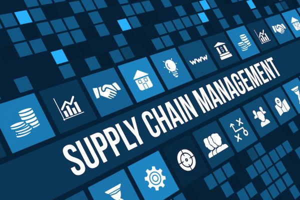 Supply chain management concept image with business icons and copyspace.